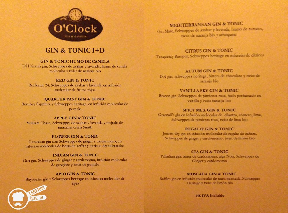 Carta Gin Tonic. Oclock Pub Madrid